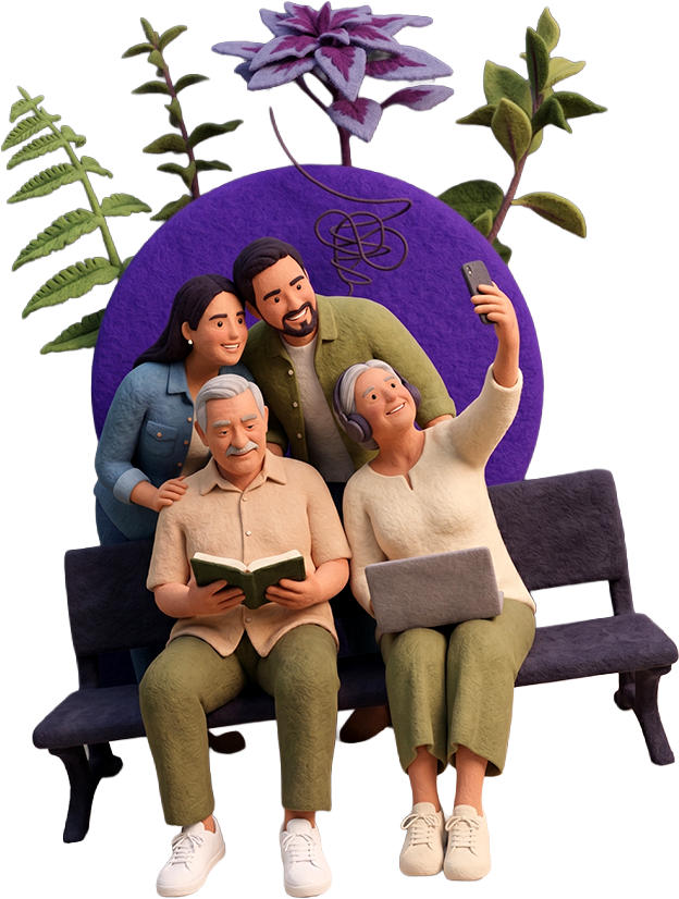 Familia sonriendo junto a sus abuelos
