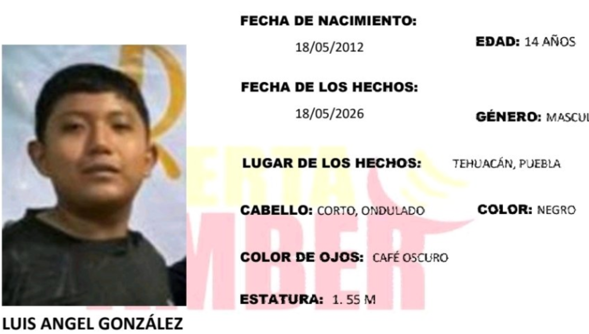 Activan Alerta Amber en Puebla por Luis Ángel González Cruz, menor desaparecido en Tehuacán