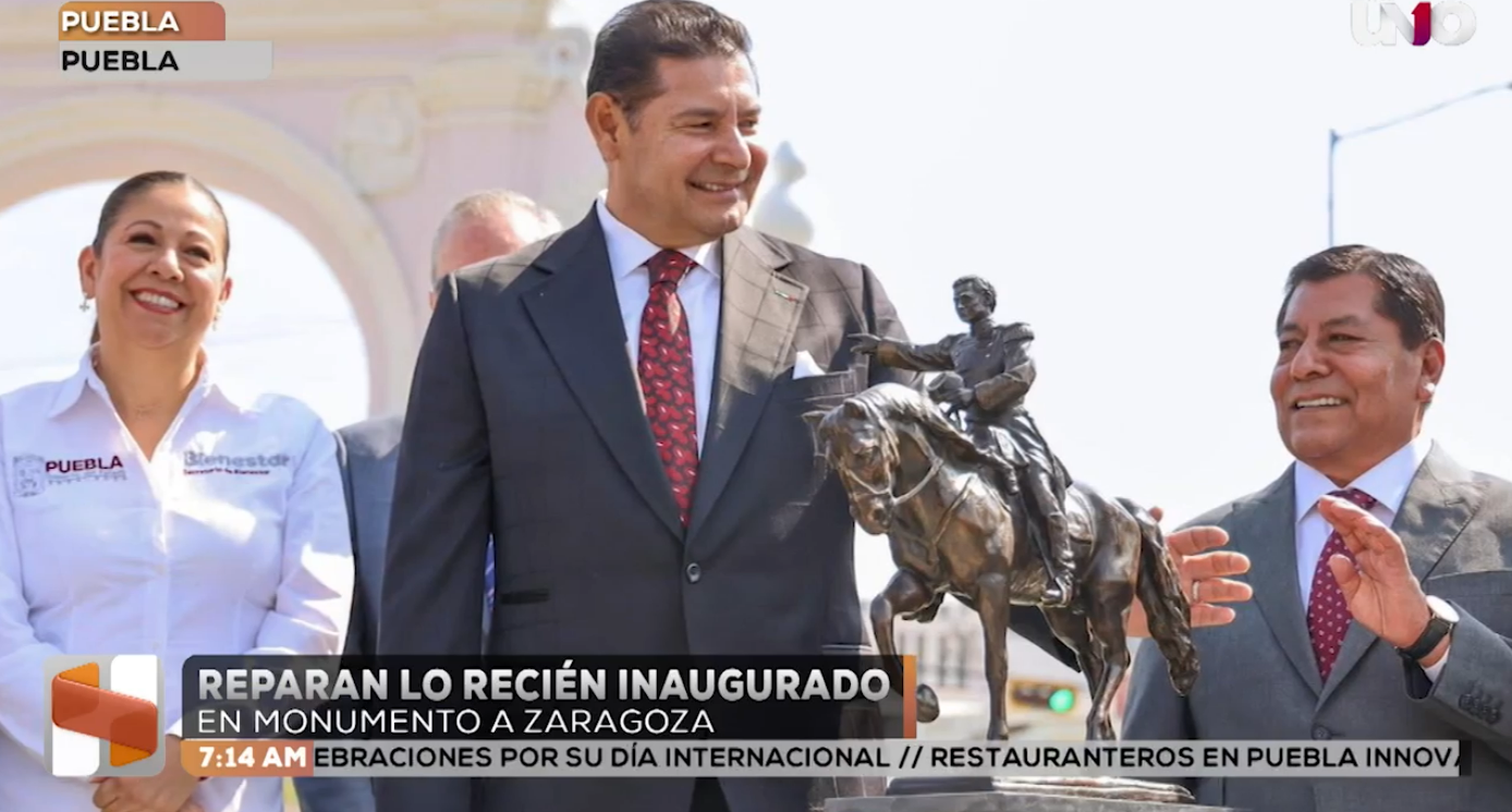 A menos de un mes de inaugurar el monumento a Zaragoza, el gobierno morenista de Armenta ya repara fallas en la obra
