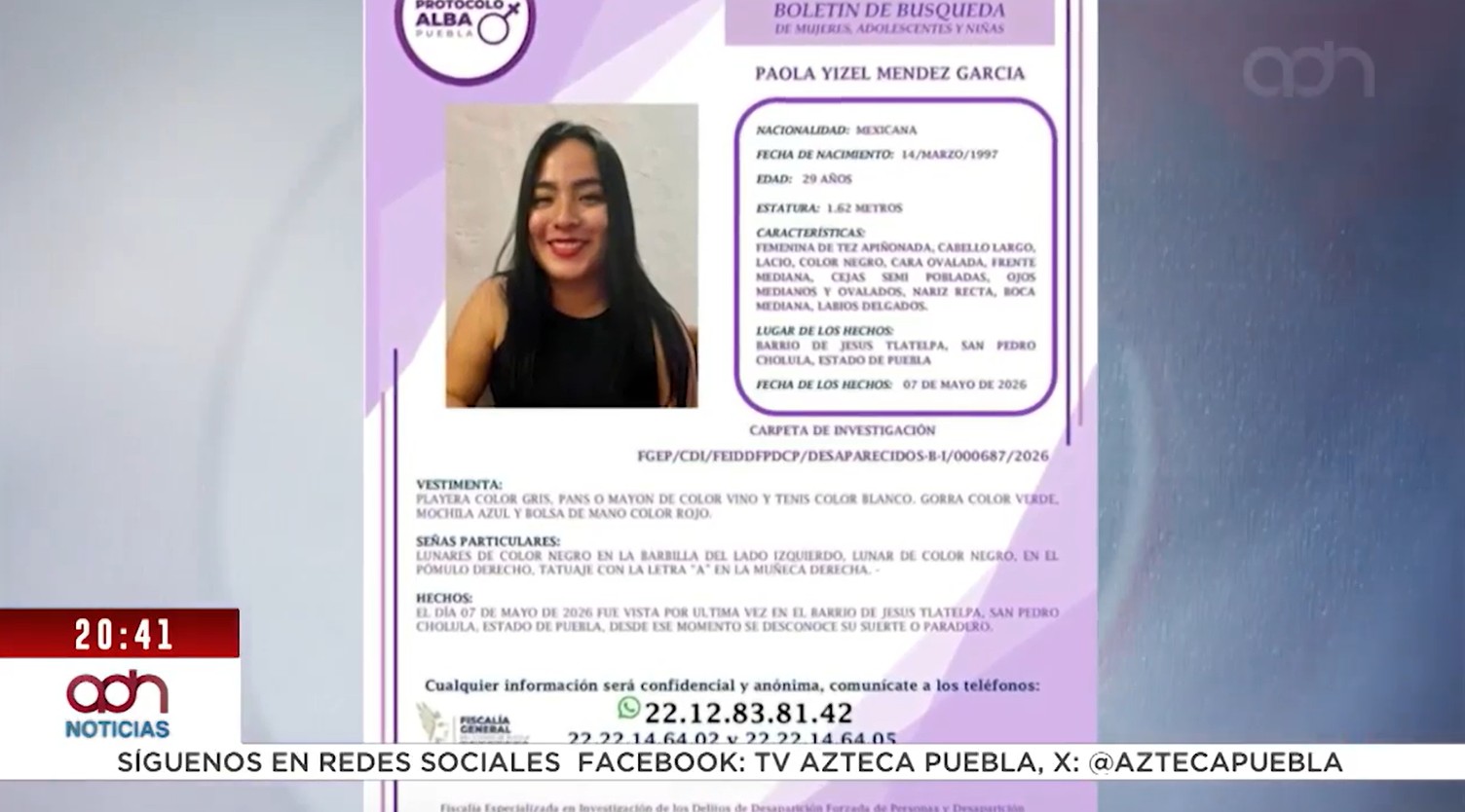 Buscan a Paola Yizel Méndez García, vista por última vez en San Pedro Cholula